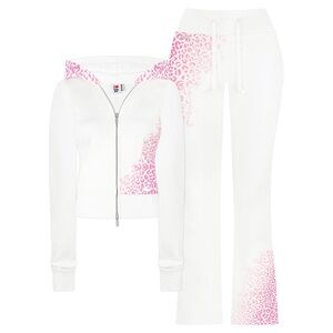 Hidden Cult Set White & Pink Leopard-Print Hoodie Zip Jacket and Pants Set
